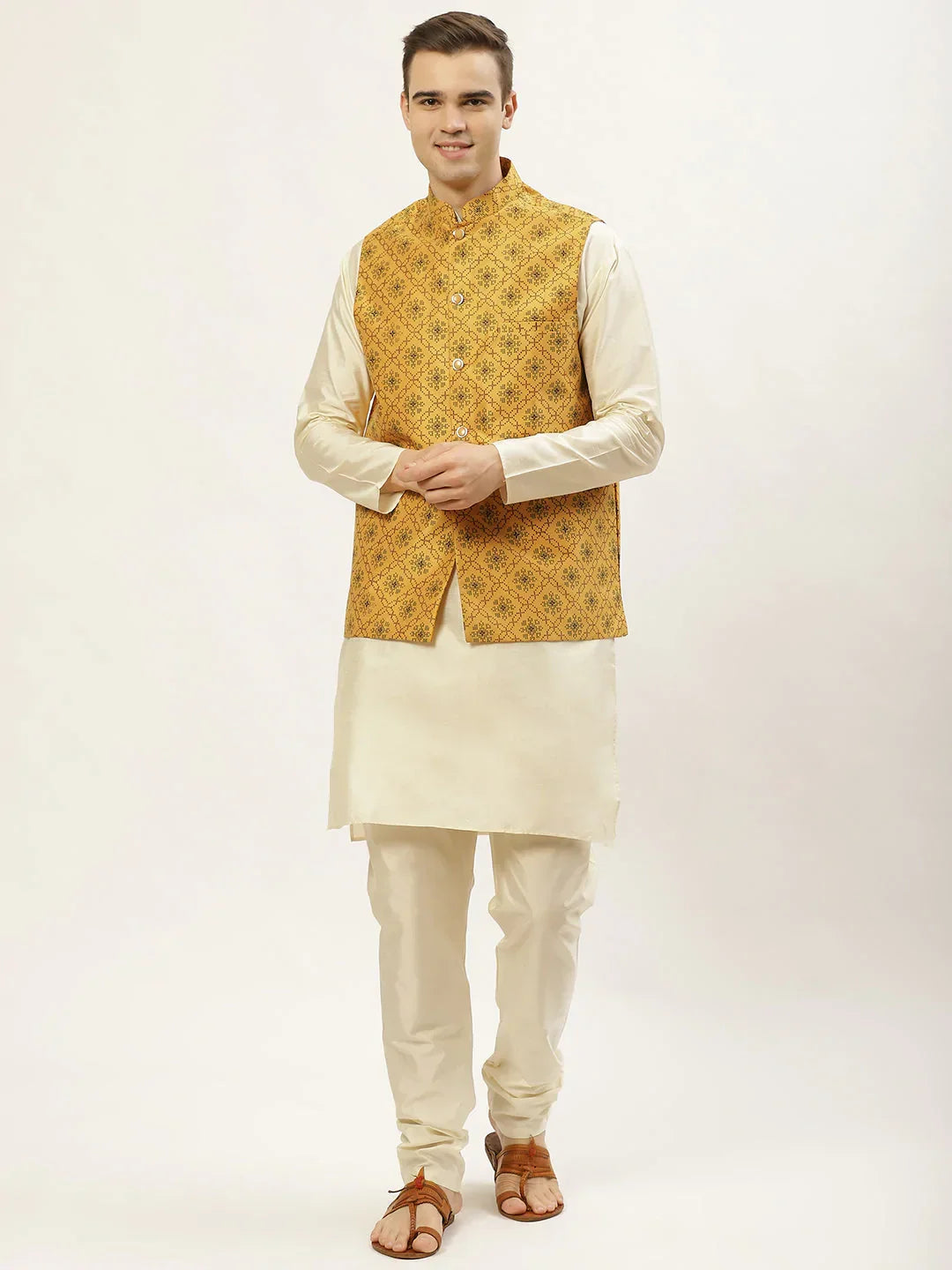 Jompers Men's Printed Nehru Jacket and Kurta Pyjama Set - Mustard | Grocsy