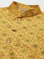 Jompers Men's Printed Nehru Jacket and Kurta Pyjama Set - Mustard | Grocsy