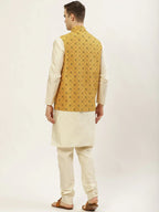 Jompers Men's Printed Nehru Jacket and Kurta Pyjama Set - Mustard | Grocsy