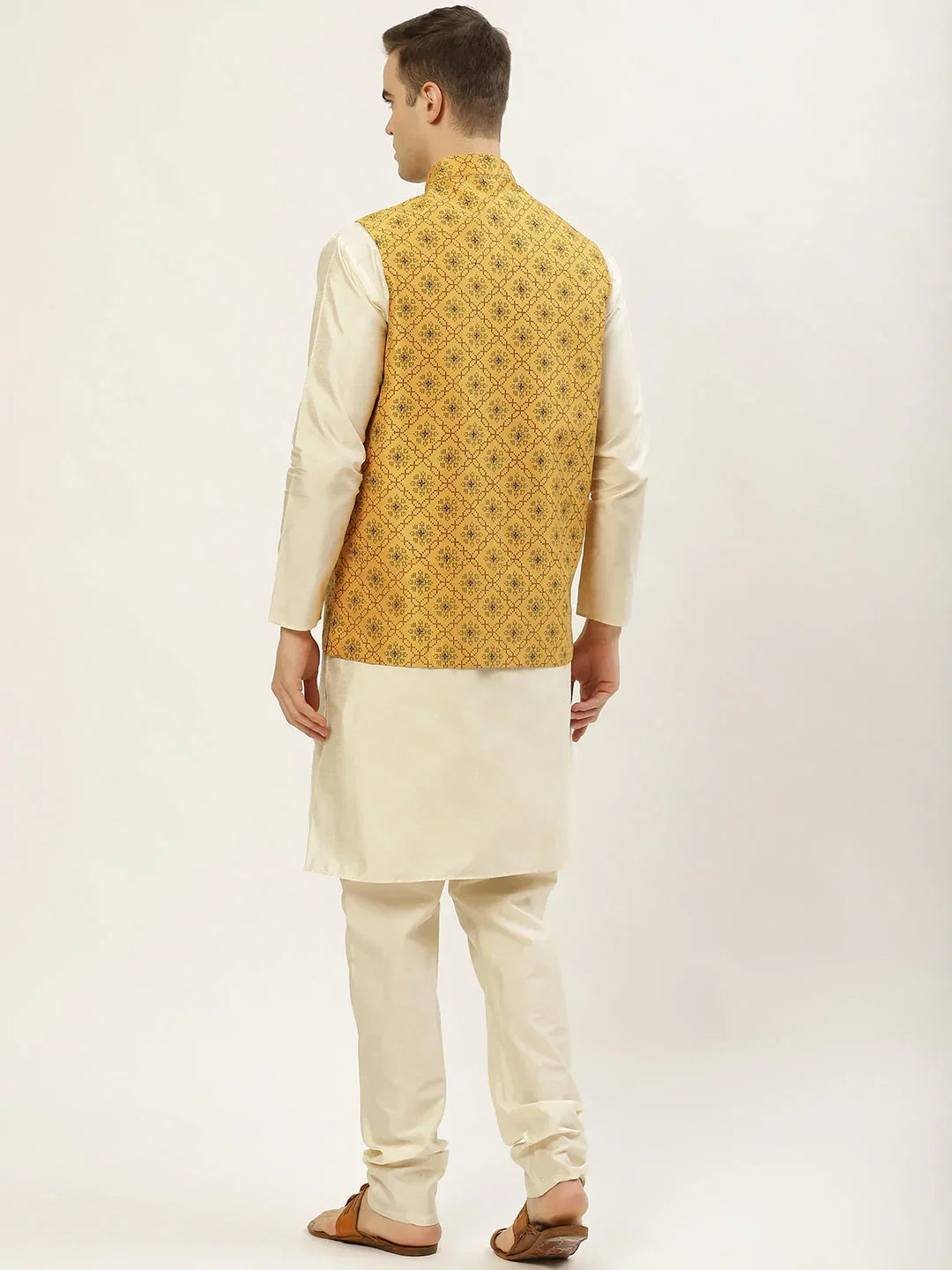 Jompers Men's Printed Nehru Jacket and Kurta Pyjama Set - Mustard | Grocsy