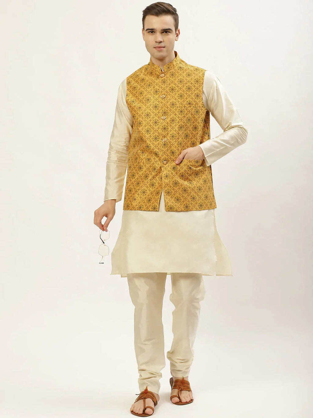 Jompers Men's Printed Nehru Jacket and Kurta Pyjama Set - Mustard | Grocsy