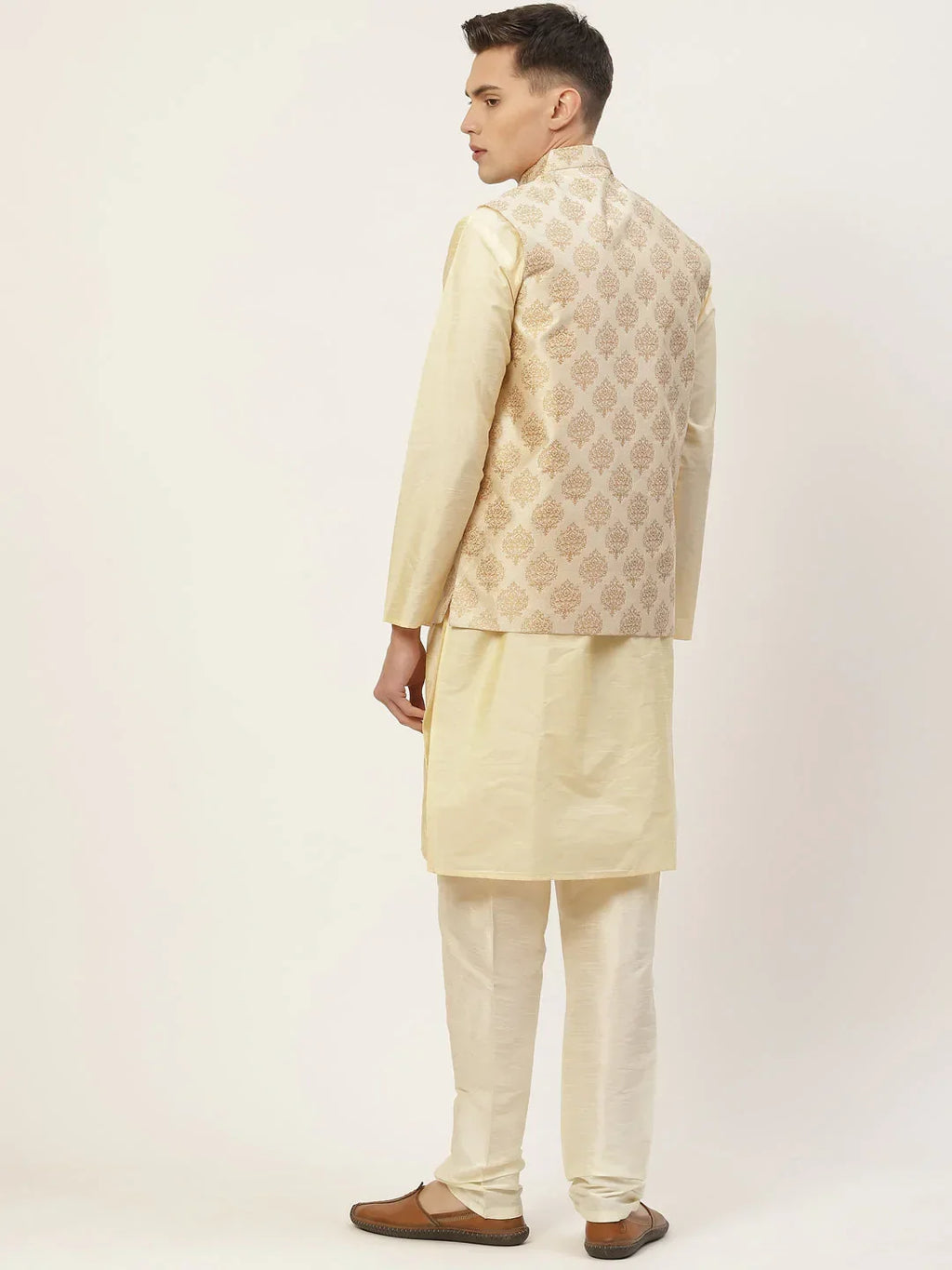 Jompers Men's Solid Kurta Pyjama With Floral Cream Printed Nehru Jacket | Grocsy