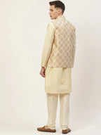 Jompers Men's Solid Kurta Pyjama With Floral Cream Printed Nehru Jacket | Grocsy