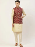 Jompers Men's Solid Kurta Pyjama With Floral Maroon Printed Nehru Jacket | Grocsy