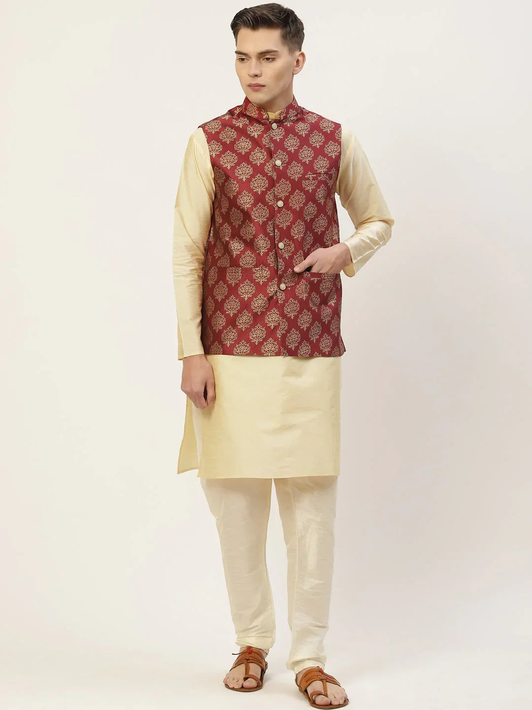 Jompers Men's Solid Kurta Pyjama With Floral Maroon Printed Nehru Jacket | Grocsy