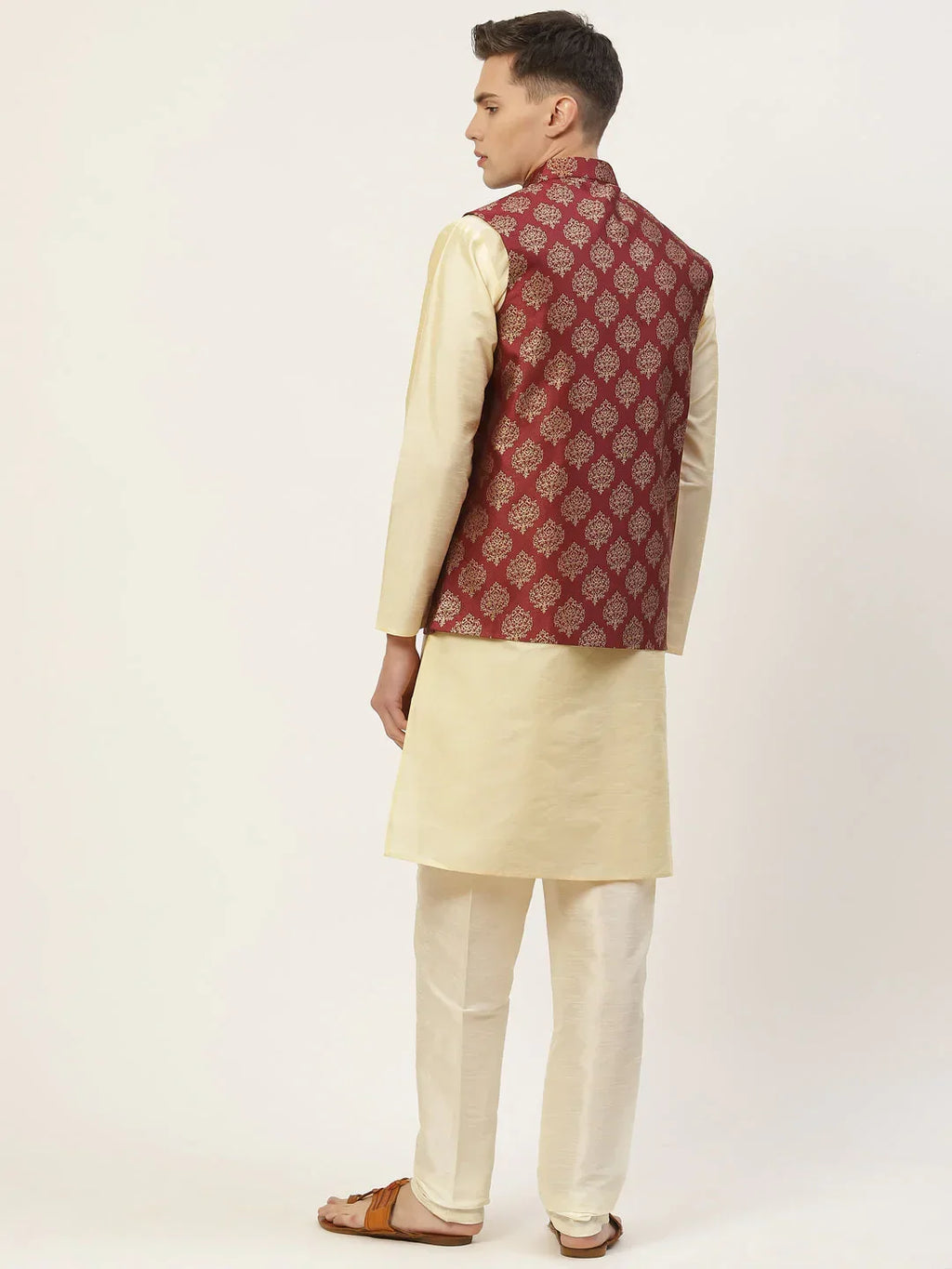 Jompers Men's Solid Kurta Pyjama With Floral Maroon Printed Nehru Jacket | Grocsy
