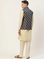 Jompers Men's Solid Kurta Pyjama With Floral Navy Printed Nehru Jacket | Grocsy