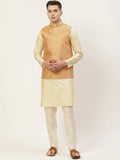 Jompers Men's Solid Kurta Pyjama With Floral Peach Printed Nehru Jacket | Grocsy