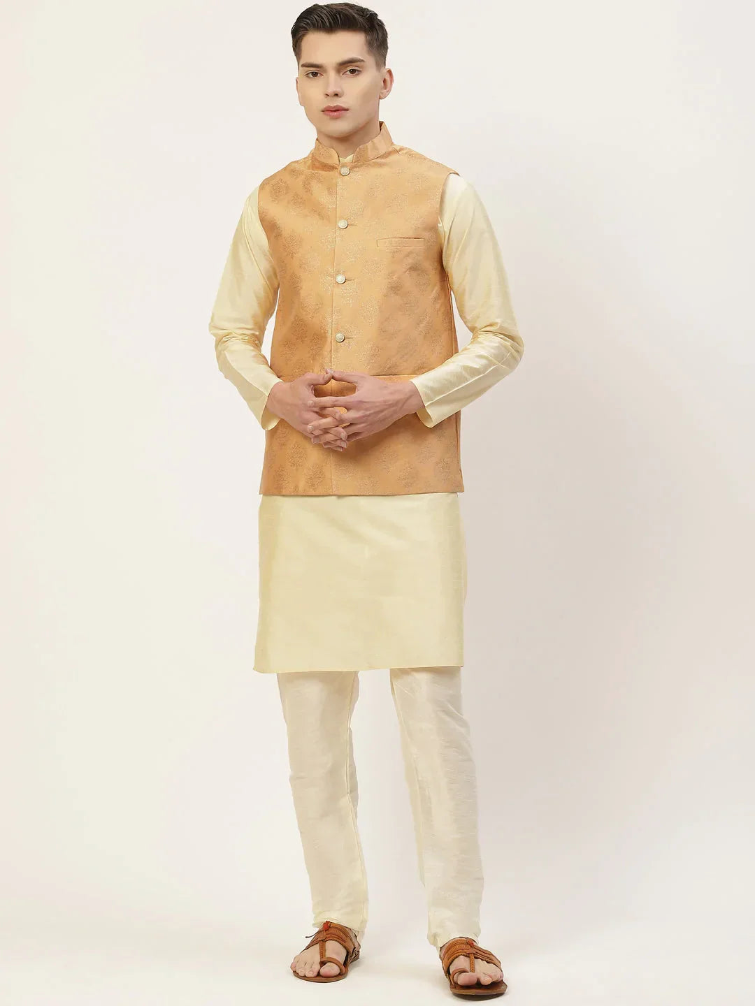 Jompers Men's Solid Kurta Pyjama With Floral Peach Printed Nehru Jacket | Grocsy