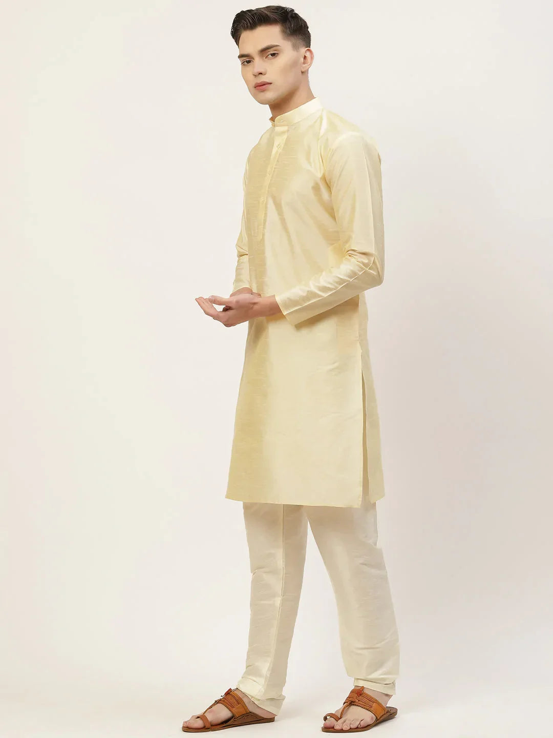 Jompers Men's Solid Kurta Pyjama With Floral Peach Printed Nehru Jacket | Grocsy