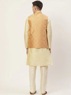 Jompers Men's Solid Kurta Pyjama With Floral Peach Printed Nehru Jacket | Grocsy