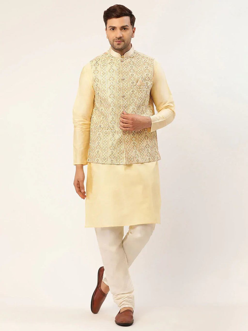 Jompers Men's Solid Kurta Pyjama With Cream Embroidered Nehru Jacket | Grocsy