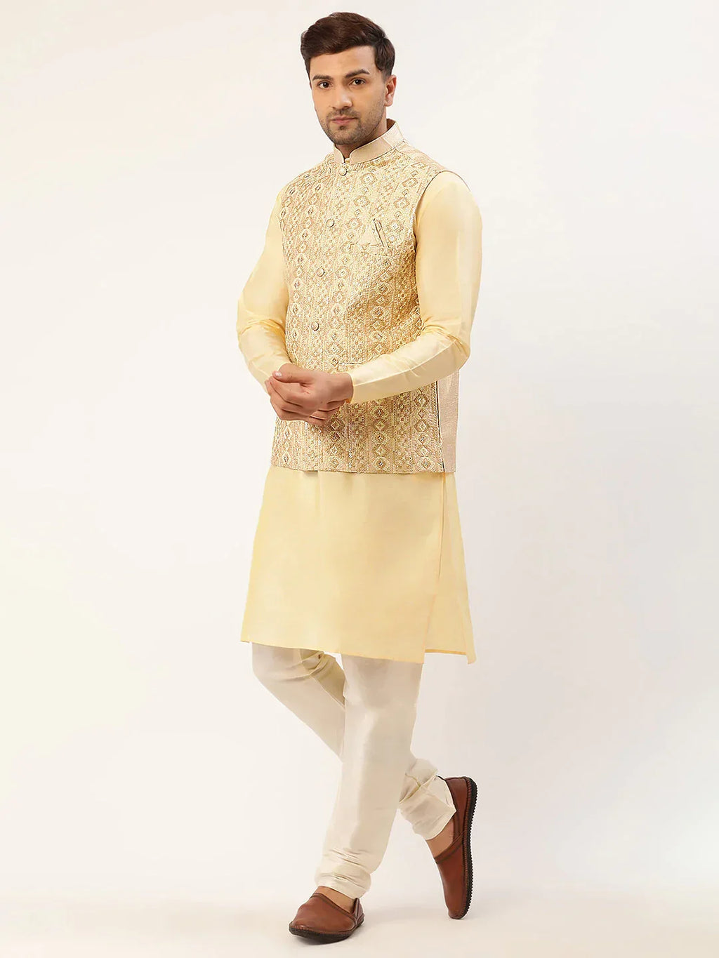 Jompers Men's Solid Kurta Pyjama With Cream Embroidered Nehru Jacket | Grocsy