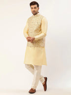 Jompers Men's Solid Kurta Pyjama With Cream Embroidered Nehru Jacket | Grocsy
