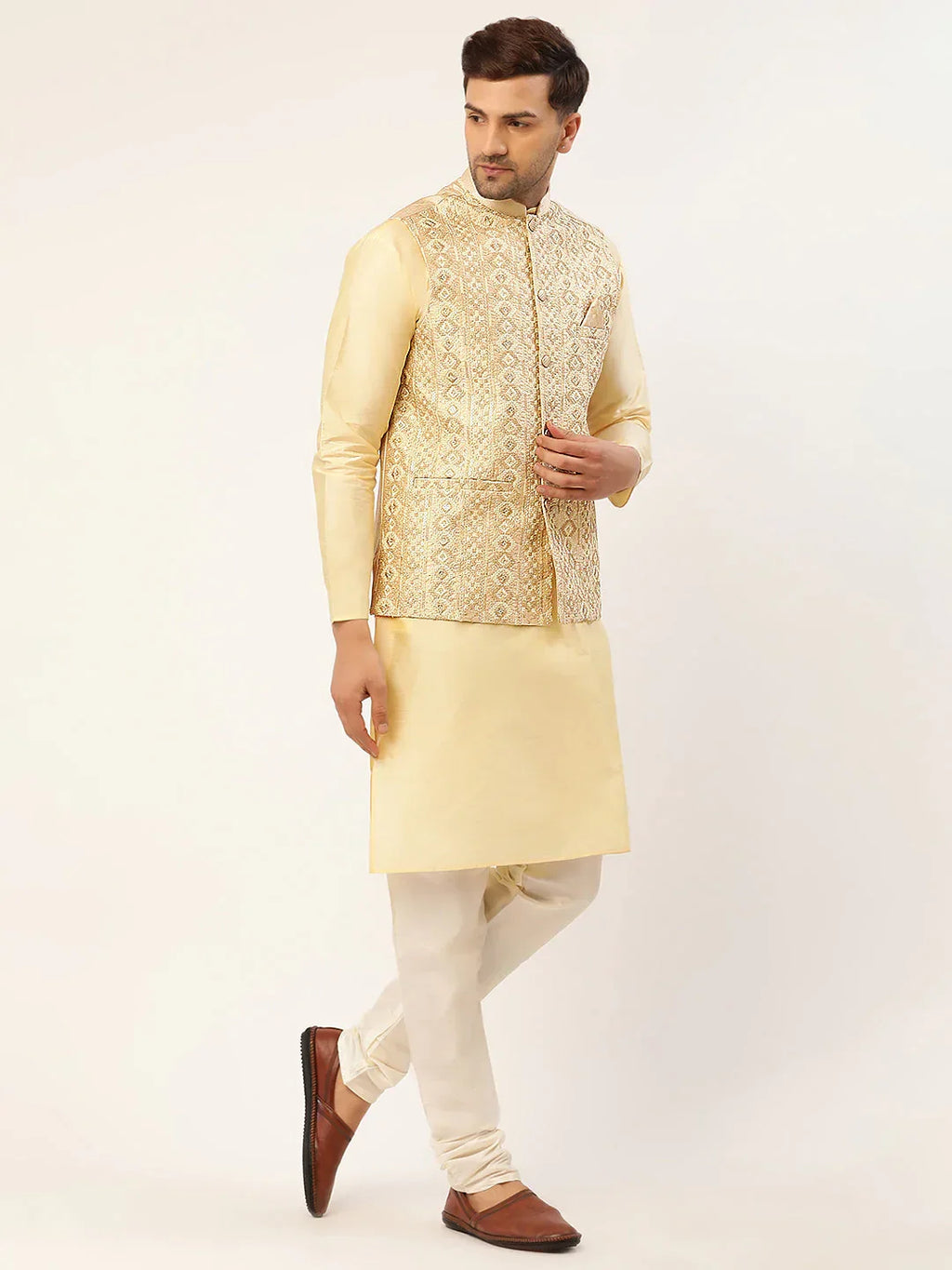 Jompers Men's Solid Kurta Pyjama With Cream Embroidered Nehru Jacket | Grocsy