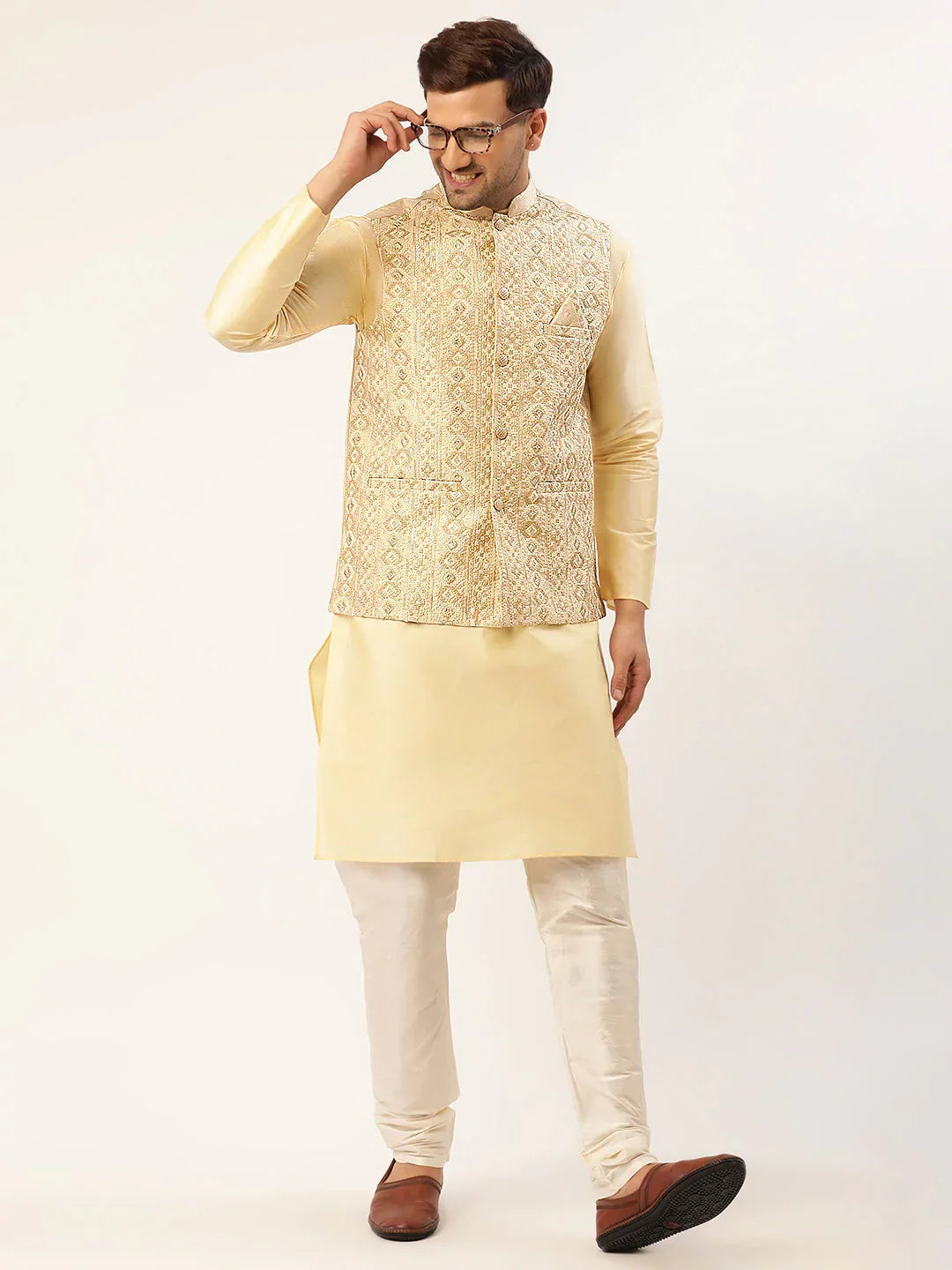 Jompers Men's Solid Kurta Pyjama With Cream Embroidered Nehru Jacket | Grocsy