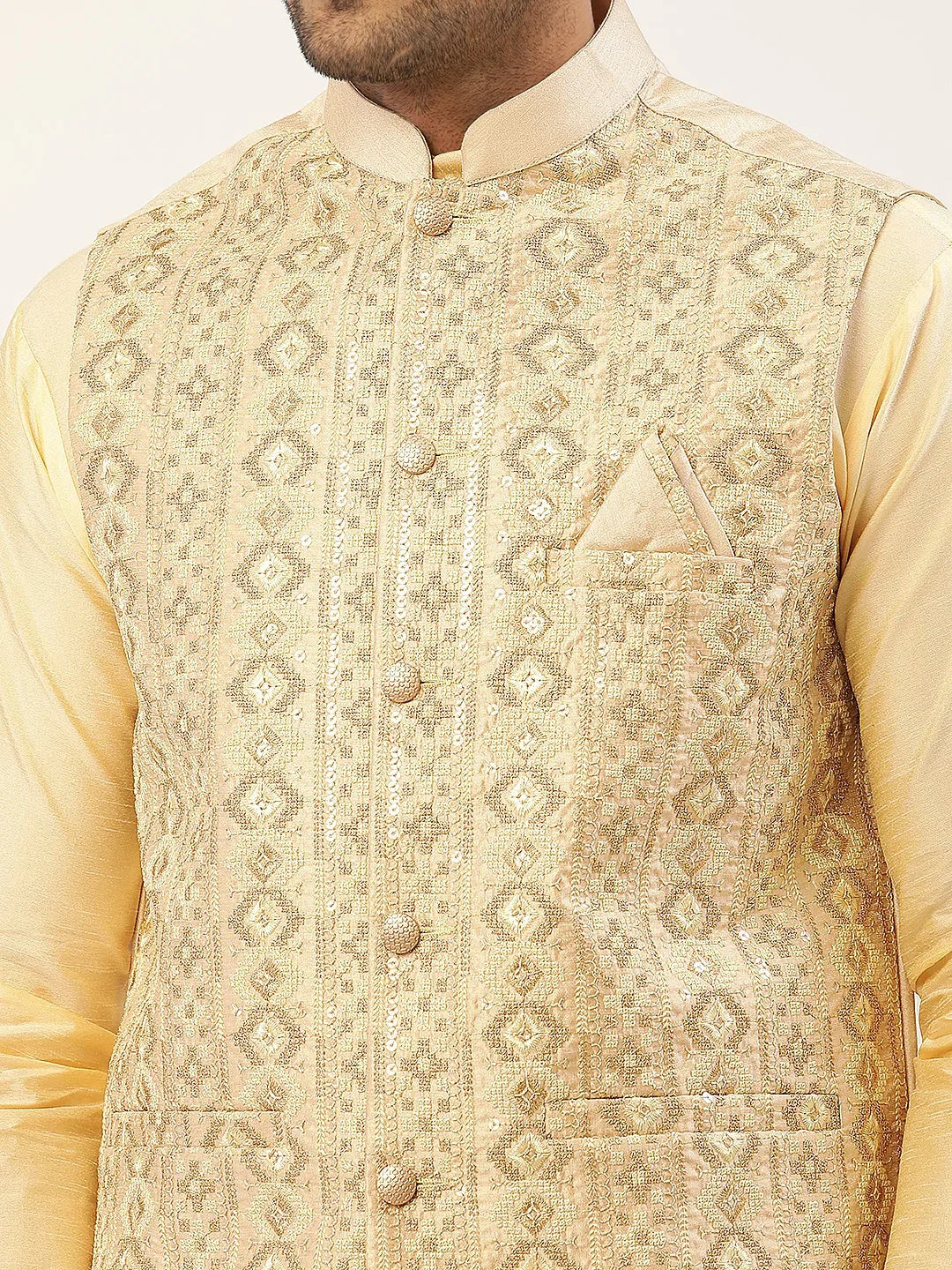 Jompers Men's Solid Kurta Pyjama With Cream Embroidered Nehru Jacket | Grocsy