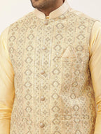 Jompers Men's Solid Kurta Pyjama With Cream Embroidered Nehru Jacket | Grocsy