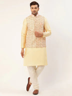 Jompers Men's Solid Kurta Pyjama With Pink Embroidered Nehru Jacket | Grocsy