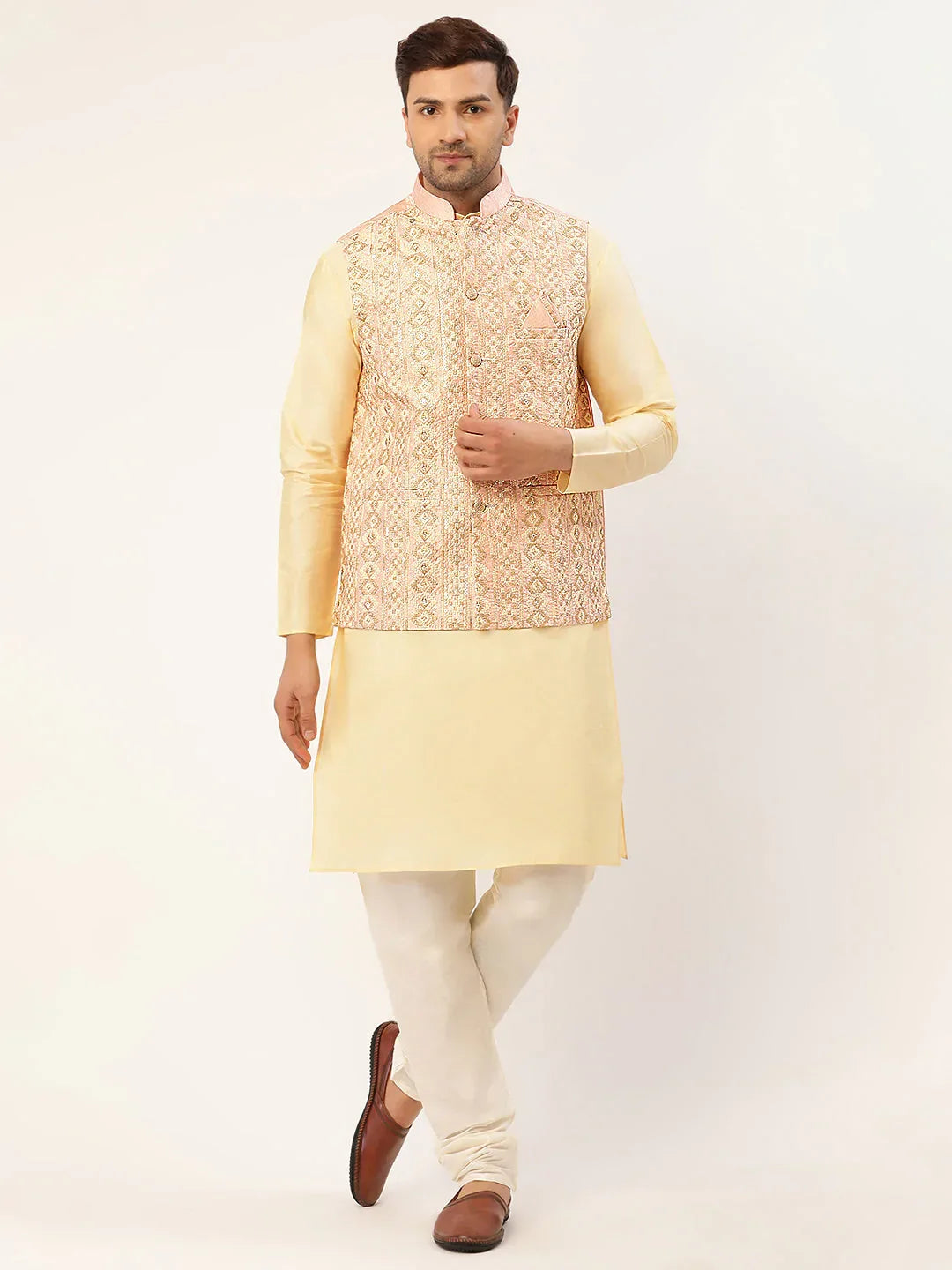 Jompers Men's Solid Kurta Pyjama With Pink Embroidered Nehru Jacket | Grocsy