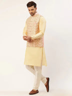 Jompers Men's Solid Kurta Pyjama With Pink Embroidered Nehru Jacket | Grocsy