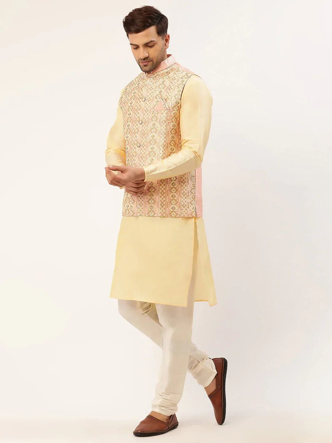 Jompers Men's Solid Kurta Pyjama With Pink Embroidered Nehru Jacket | Grocsy