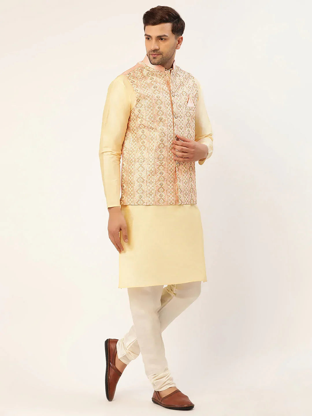 Jompers Men's Solid Kurta Pyjama With Pink Embroidered Nehru Jacket | Grocsy