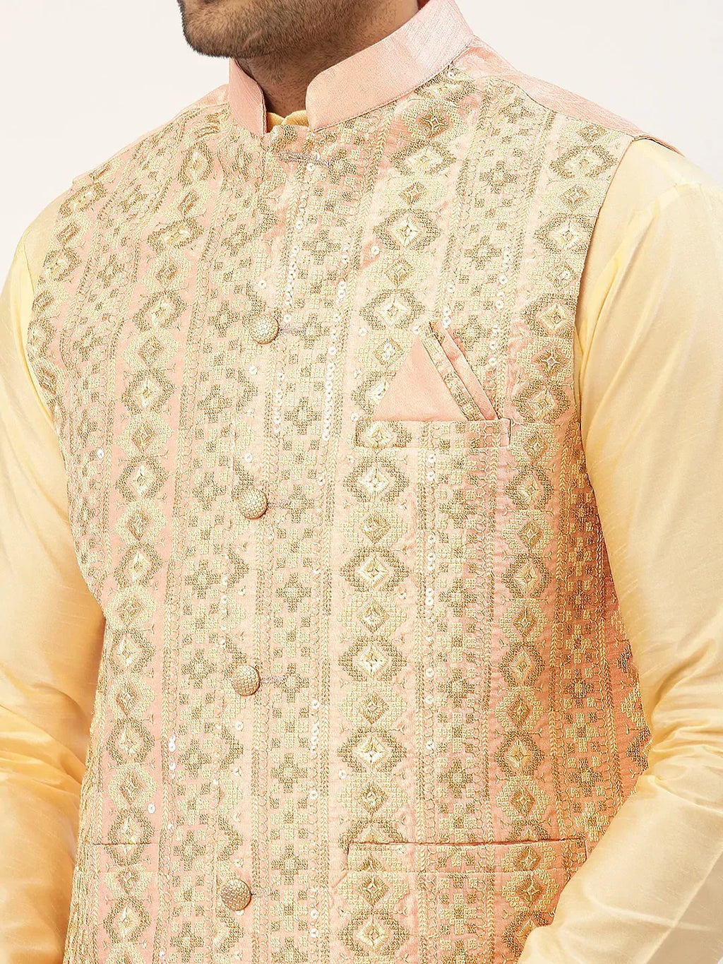 Jompers Men's Solid Kurta Pyjama With Pink Embroidered Nehru Jacket | Grocsy
