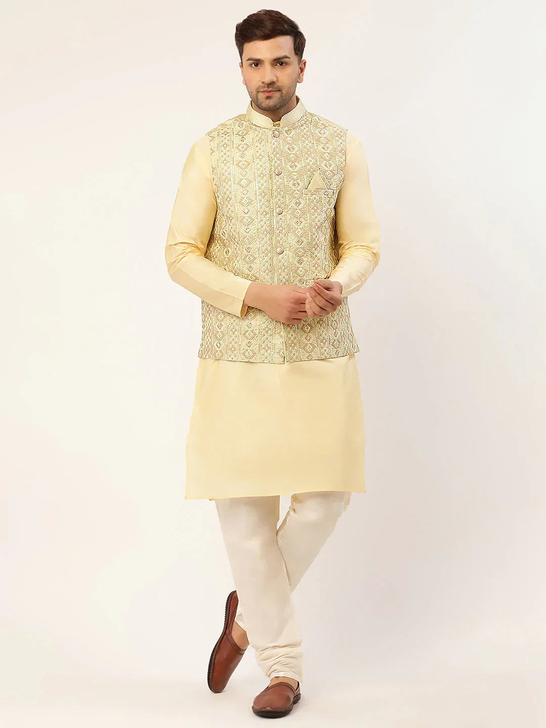 Jompers Men's Solid Kurta Pyjama With Pista Green Embroidered Nehru Jacket | Grocsy