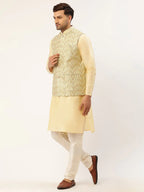 Jompers Men's Solid Kurta Pyjama With Pista Green Embroidered Nehru Jacket | Grocsy