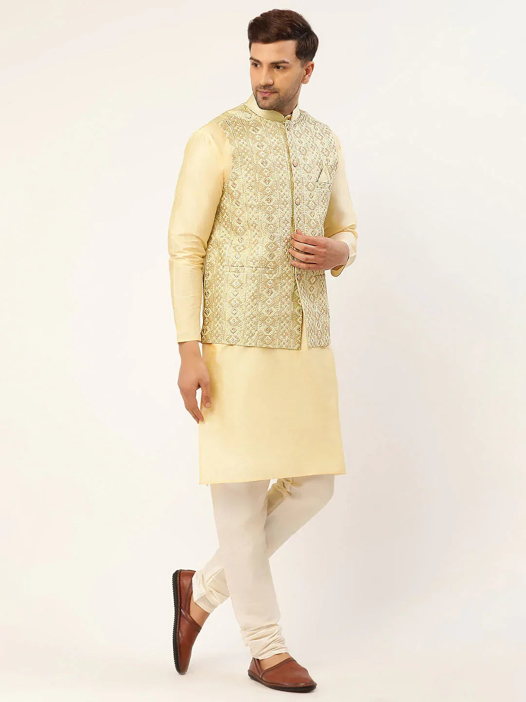 Jompers Men's Solid Kurta Pyjama With Pista Green Embroidered Nehru Jacket | Grocsy