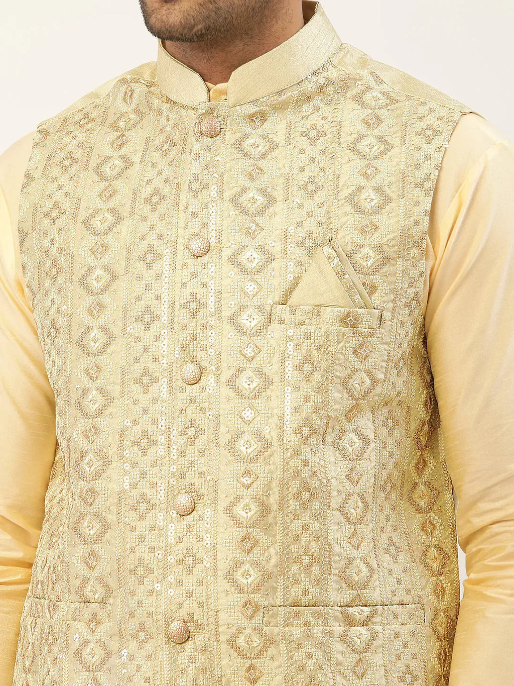 Jompers Men's Solid Kurta Pyjama With Pista Green Embroidered Nehru Jacket | Grocsy