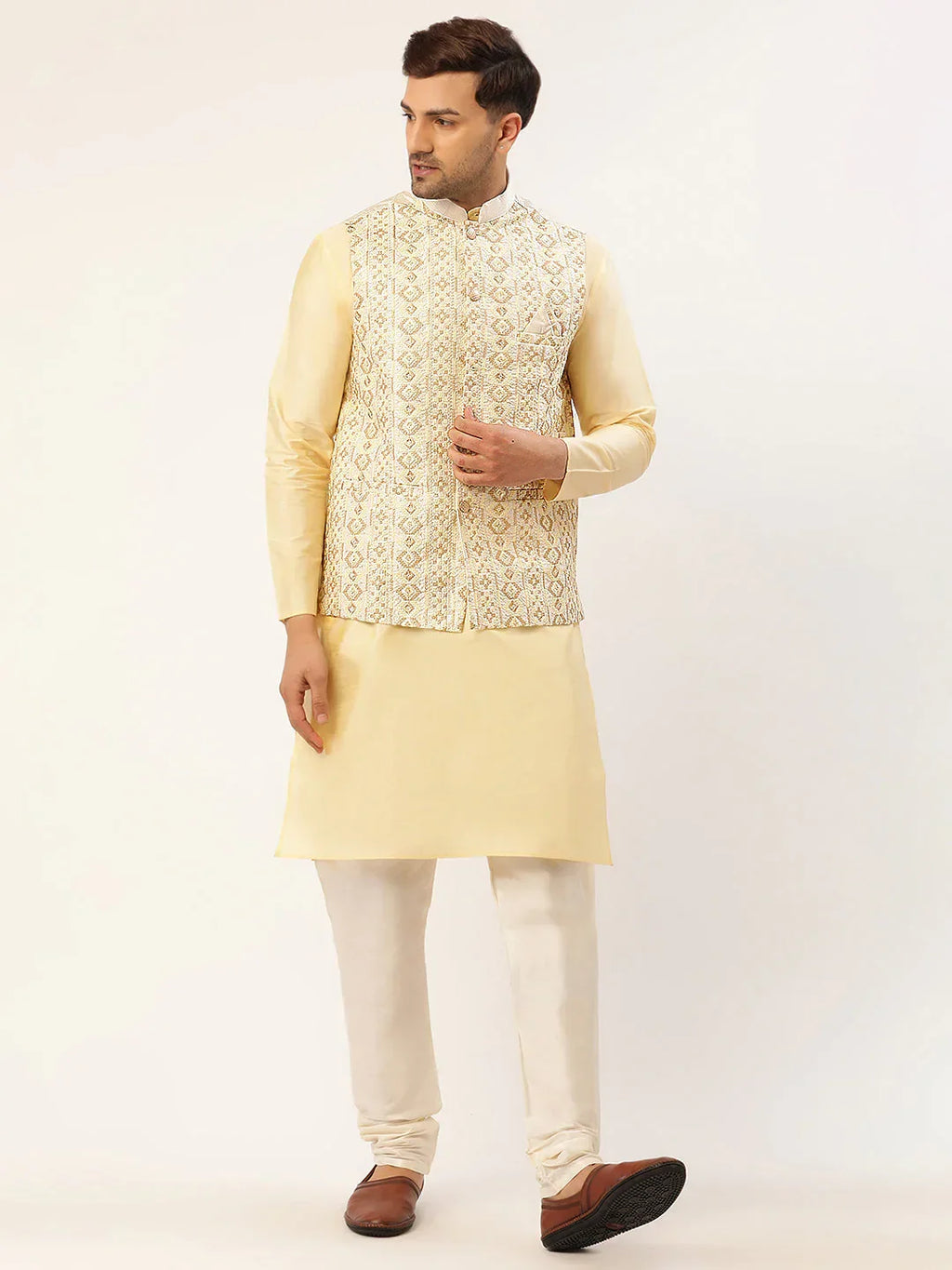 Jompers Men's Solid Kurta Pyjama With White Embroidered Nehru Jacket | Grocsy