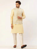 Jompers Men's Solid Kurta Pyjama With White Embroidered Nehru Jacket | Grocsy