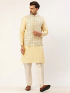 Jompers Men's Solid Kurta Pyjama With White Embroidered Nehru Jacket | Grocsy