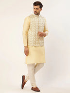 Jompers Men's Solid Kurta Pyjama With White Embroidered Nehru Jacket | Grocsy