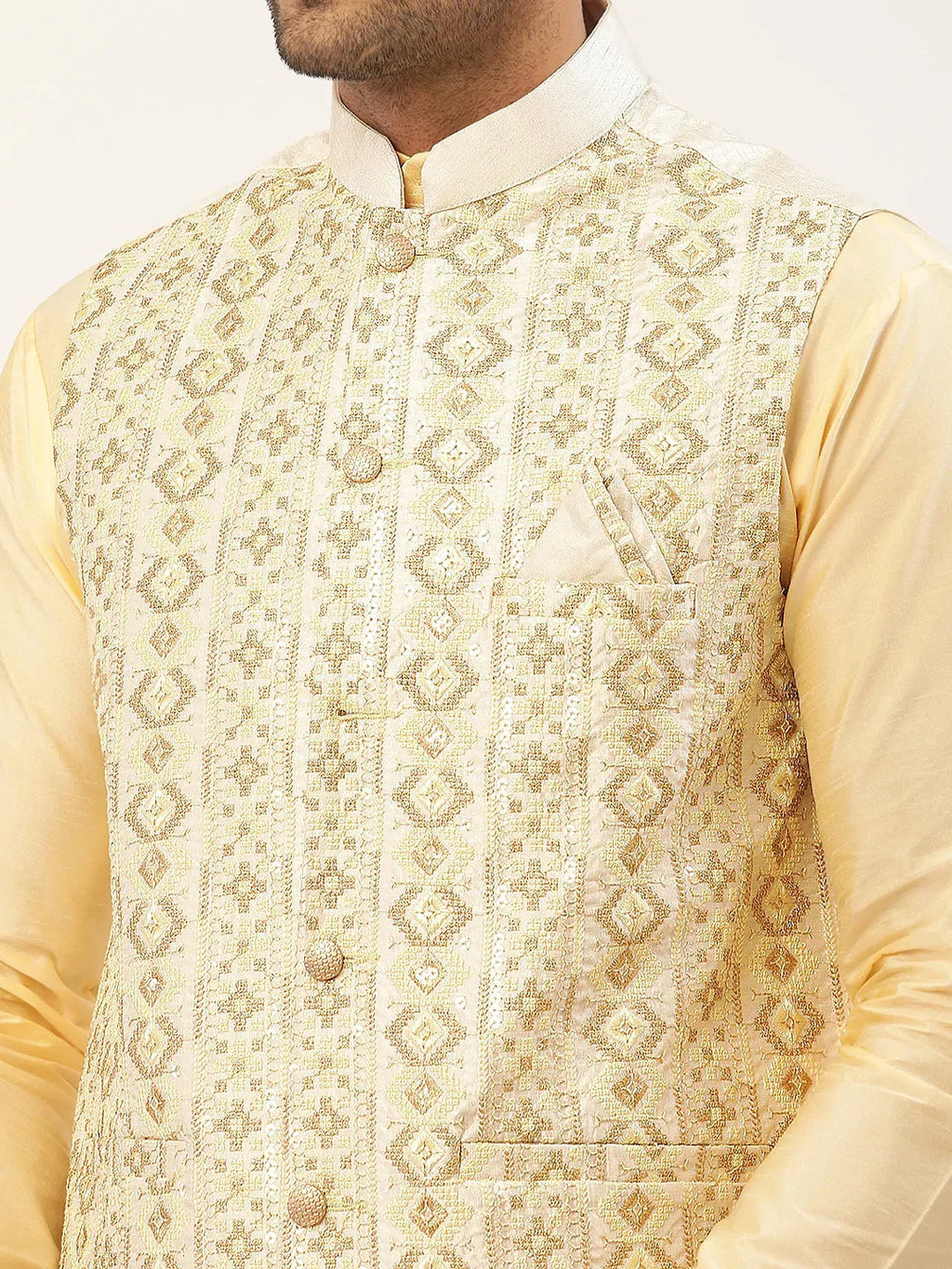 Jompers Men's Solid Kurta Pyjama With White Embroidered Nehru Jacket | Grocsy