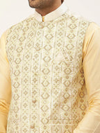 Jompers Men's Solid Kurta Pyjama With White Embroidered Nehru Jacket | Grocsy