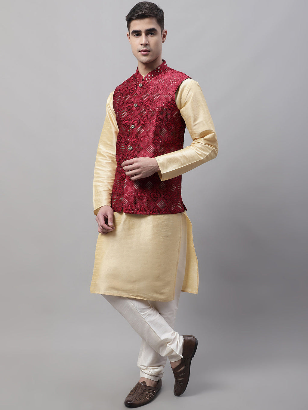 Jompers Men's Golden Solid Kurta Pyjama with Maroon Woven Design Nehru Jacket | Grocsy