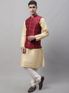 Jompers Men's Golden Solid Kurta Pyjama with Maroon Woven Design Nehru Jacket | Grocsy