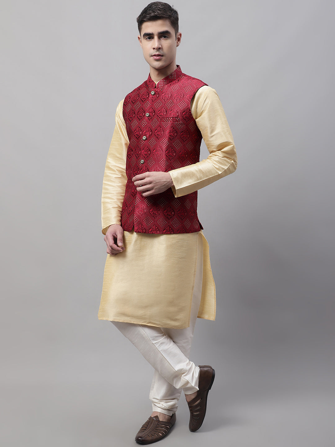 Jompers Men's Golden Solid Kurta Pyjama with Maroon Woven Design Nehru Jacket | Grocsy