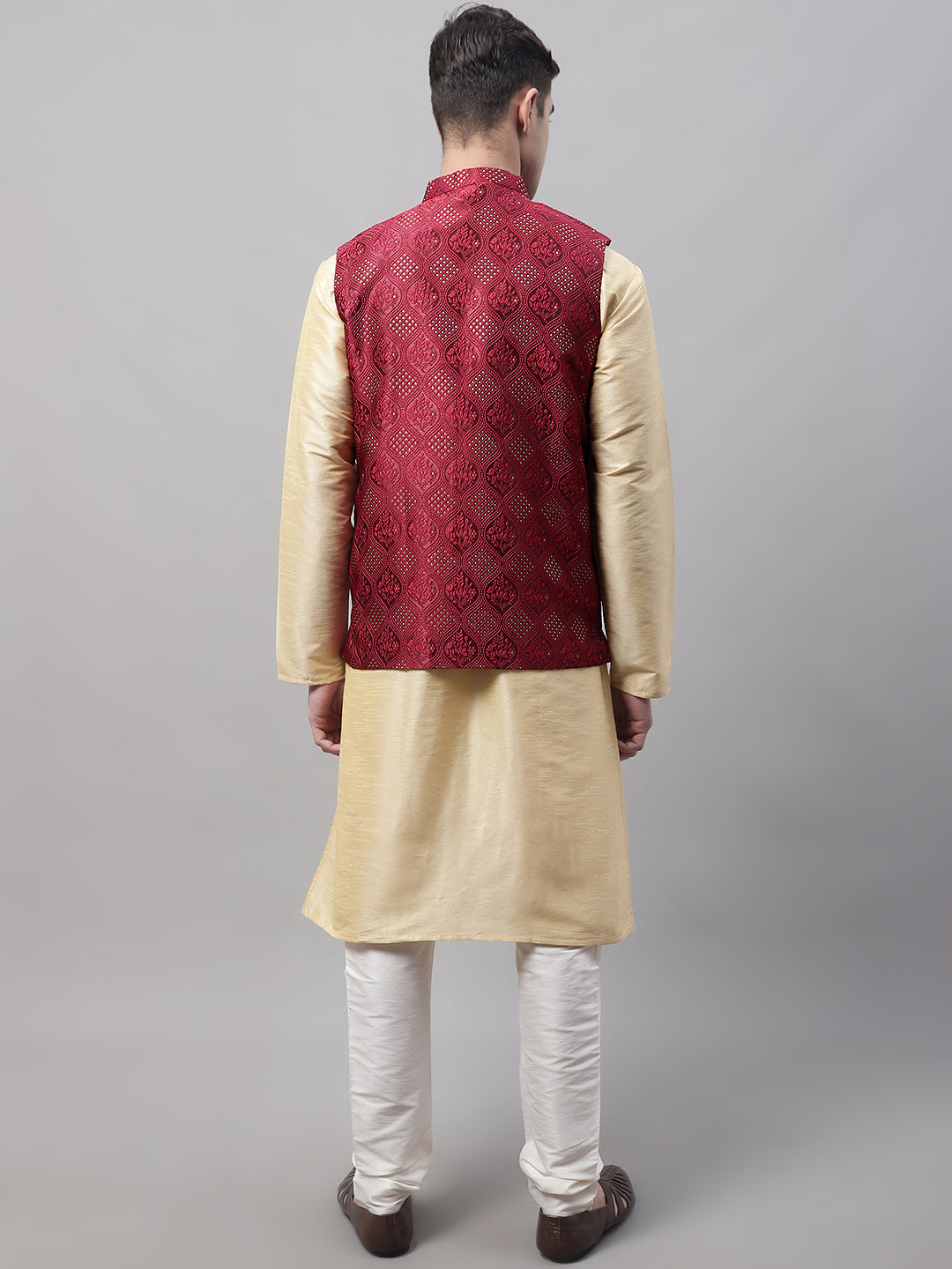Jompers Men's Golden Solid Kurta Pyjama with Maroon Woven Design Nehru Jacket | Grocsy