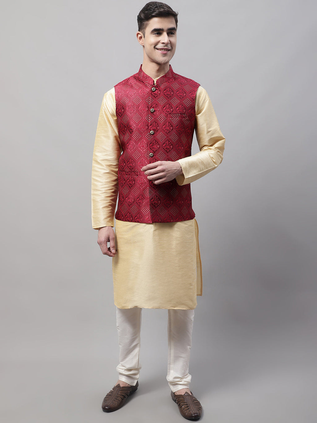 Jompers Men's Golden Solid Kurta Pyjama with Maroon Woven Design Nehru Jacket | Grocsy