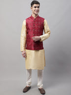 Jompers Men's Golden Solid Kurta Pyjama with Maroon Woven Design Nehru Jacket | Grocsy