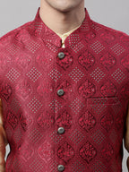 Jompers Men's Golden Solid Kurta Pyjama with Maroon Woven Design Nehru Jacket | Grocsy