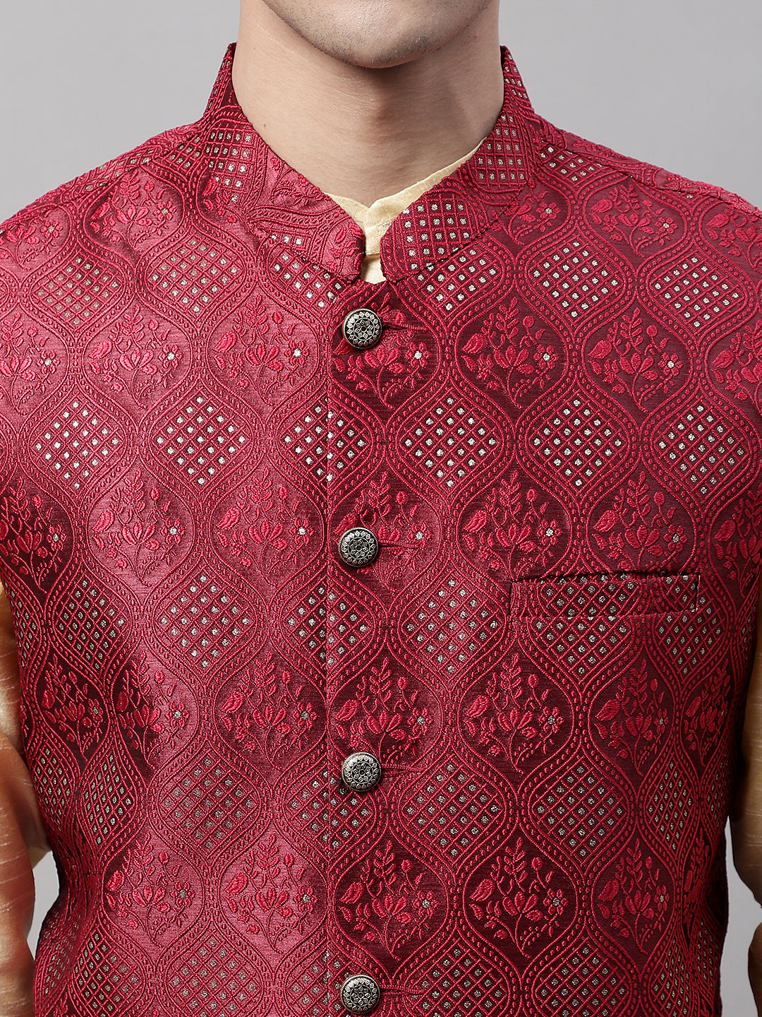 Jompers Men's Golden Solid Kurta Pyjama with Maroon Woven Design Nehru Jacket | Grocsy