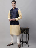 Jompers Men's Golden Solid Kurta Pyjama with Navy Blue Woven Design Nehru Jacket | Grocsy