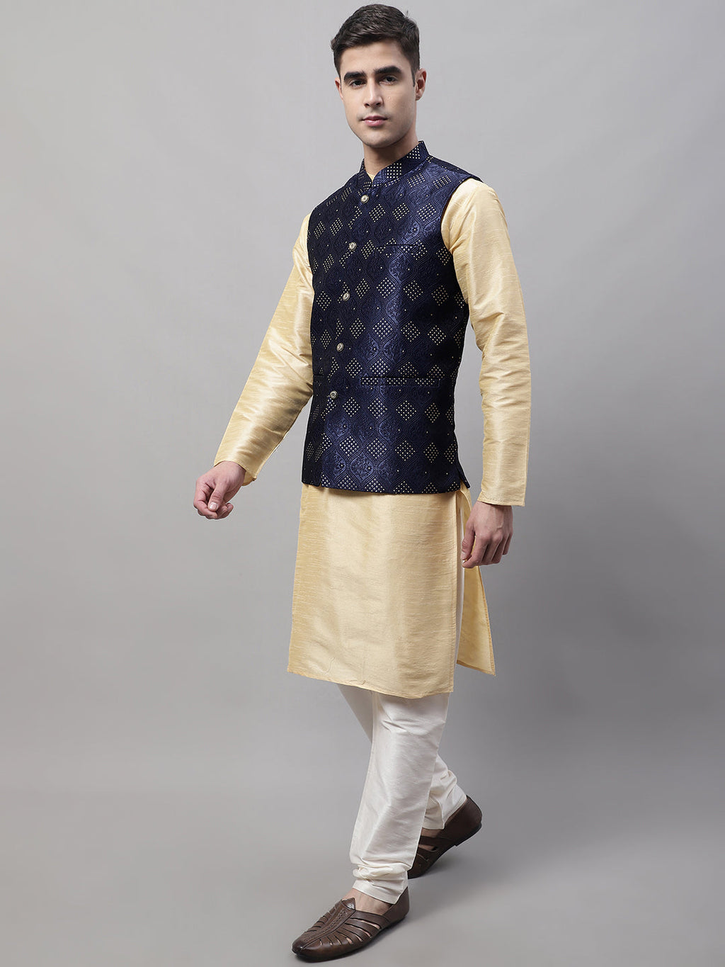 Jompers Men's Golden Solid Kurta Pyjama with Navy Blue Woven Design Nehru Jacket | Grocsy