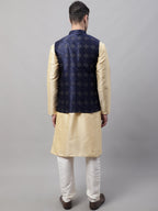 Jompers Men's Golden Solid Kurta Pyjama with Navy Blue Woven Design Nehru Jacket | Grocsy