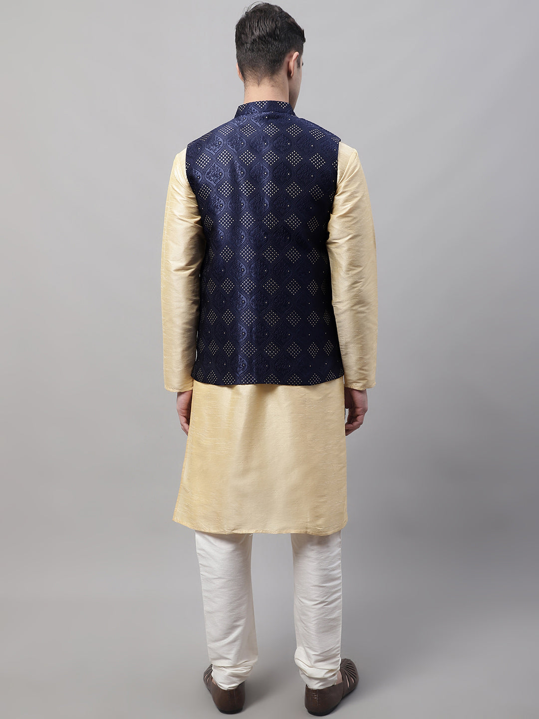 Jompers Men's Golden Solid Kurta Pyjama with Navy Blue Woven Design Nehru Jacket | Grocsy